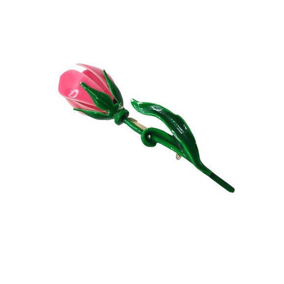 Vintage Pink Rose Enamel Flower Brooch Pin With Green Stem & Leaf Design - Picture 2 of 5